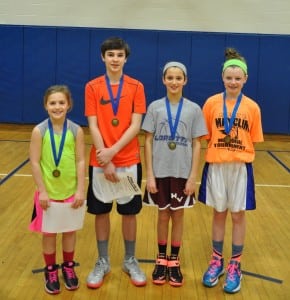 Devyn Kelly, left, Alex Kubik, Madison Chiera and Taylor Farrell advance to the Knights of Columbus regional free throw competitions. (Photo by Peter Farrell)