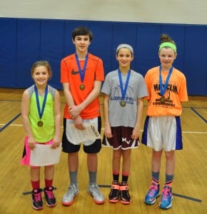 Devyn Kelly, left, Alex Kubik, Madison Chiera and Taylor Farrell advance to the Knights of Columbus regional free throw competitions. (Photo by Peter Farrell)