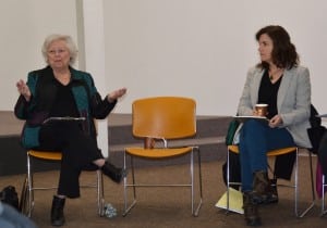 Assemblywoman Sandy Galef, left, comments on state issues, as Philipstown Town Board Member Nancy Montgomery listens.