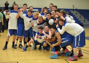 Haldane players celebrate Class C regional final win over Stony Brook March 13.