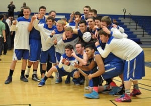 Haldane players celebrate Class C regional final win over Stony Brook March 13.