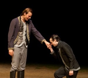 Jack Mackie, left, and Alex Johnson perform in the Hudson Valley Shakespeare Festival's touring production of "Macbeth." (Photo by William Marsh)