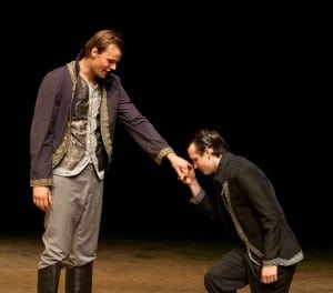 Jack Mackie, left, and Alex Johnson perform in the Hudson Valley Shakespeare Festival's touring production of "Macbeth."  (Photo by William Marsh)