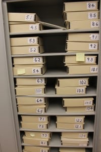 One of several large cabinets filled will boxes of documents relating to Putnam County's history