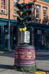 The short-lived third version of the yarn-bombing installation; photo by Michael Kriegh