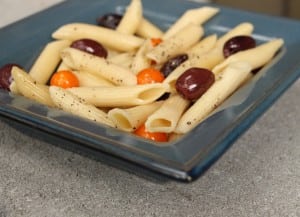 Penne tossed with olives and cherry tomatoes (photo by M.A. Ebner)