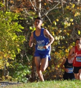 Haldane Blue Devil Ellis Osterfeld races in the Northern Counties 5k at Bowdoin Park on Oct. 30. (Photo by Peter Farrell)