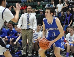 Coach Joe Virgadamo on the sidelines during the Class C finals at Glens Falls. Tucker Beachak (11) has the ball. (Photo by Peter Farrell) 