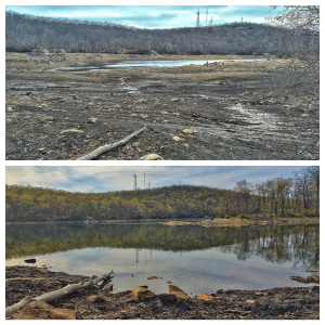 At top, the Beacon Reservoir during the November drought. Bottom: The same spot on Wednesday, with the reservoir at 96 percent capacity. (Photos by B. Cronin)