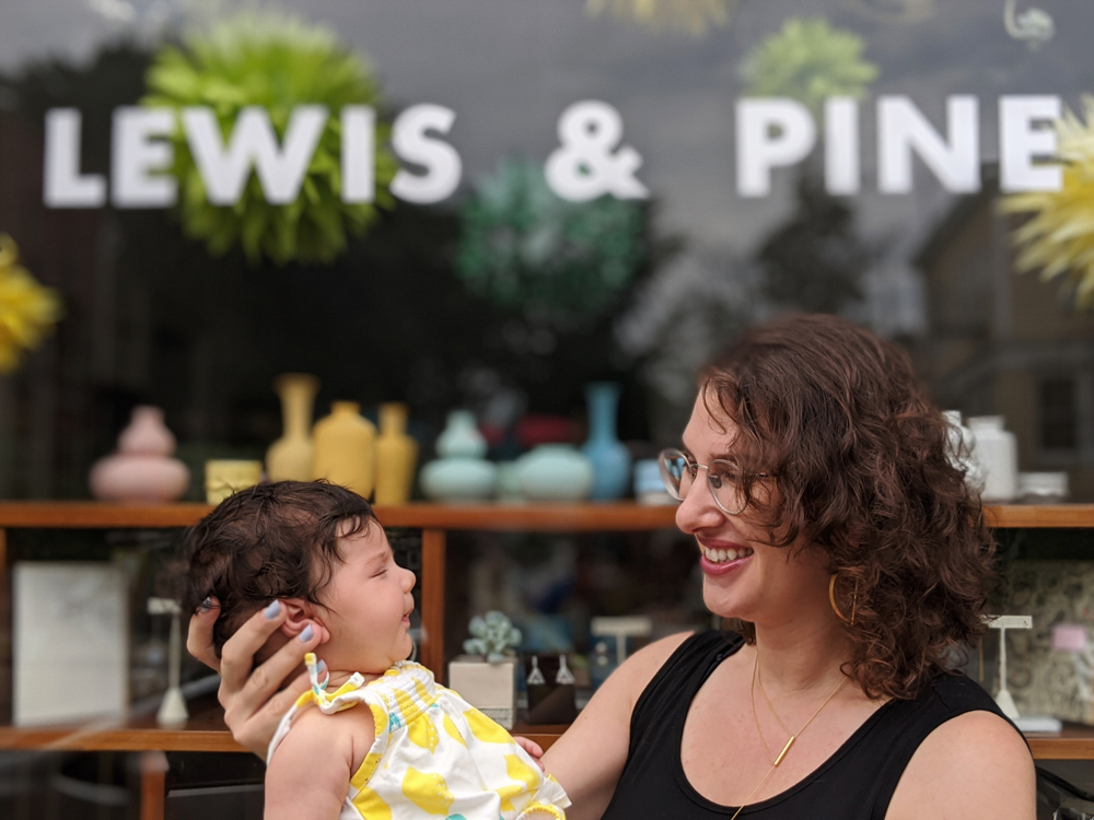 Yali Lewis with her daughter, Liora, outside Lewis & Pine