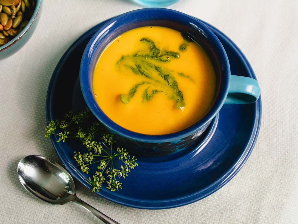 Carrot-Coconut Soup With a Thai Carrot-Tops Swirl