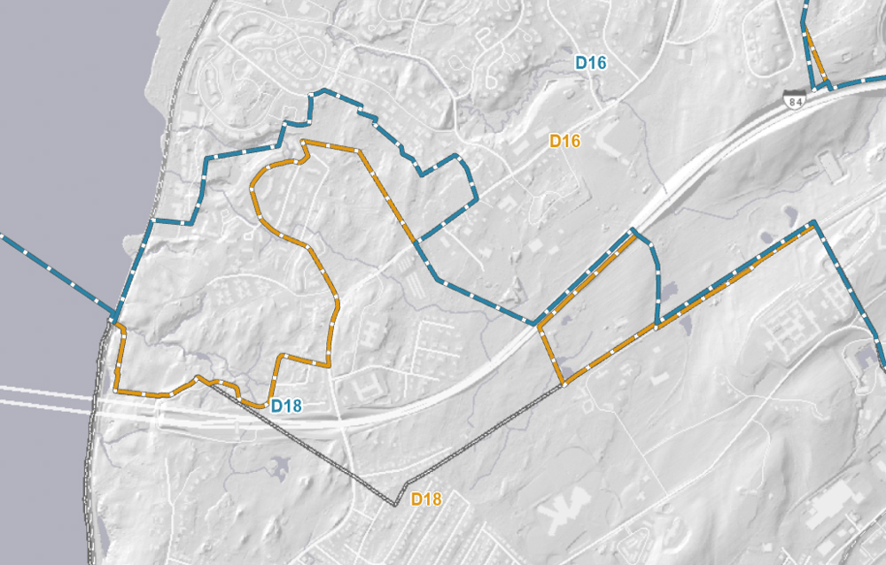 The orange line represents the current northern border of District 18 within Beacon, and the blue line is the border that takes effect in 2023.