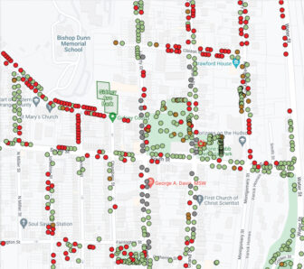 A click on any of these dots on Newburgh's tree inventory map will reveal information about the tree, including, in some cases, a photo.