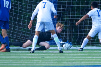 Haldane keeper Ronan Kiter makes a diving save against Dobbs Ferry. 