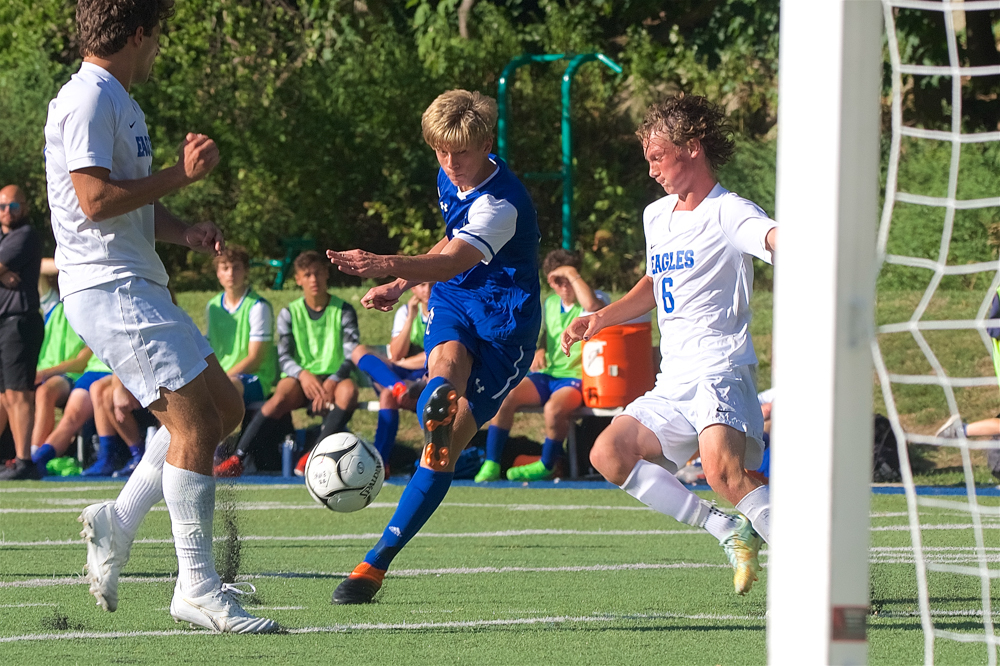 Haldane's Matt Silhavy puts the ball into the corner of the net in the win over Dobbs Ferry.