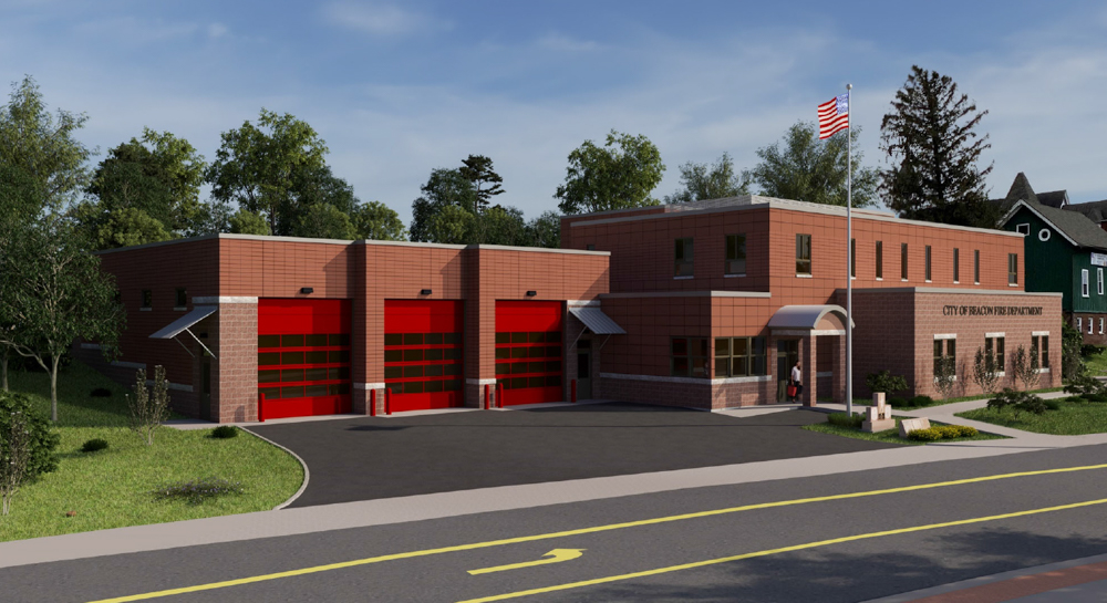 A rendering of the firehouse shows a brick exterior that would add $72,000 to the cost.