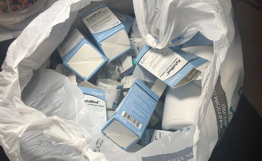 This undated photo shows discarded boxes and bottles of xylazine seized in a police raid.