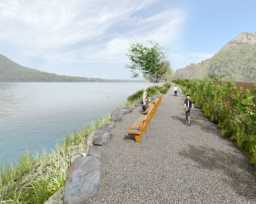 HHFT says the riverside trail north of Little Stony Point, shown here in an architect’s rendering, would include a boulder edge and planted buffer. (SCAPE)