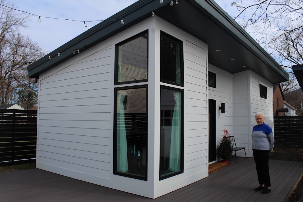 Stella Hlad’s’ new digs are a “tiny house” built in the backyard of her son’s home.   Photo by L. Sparks