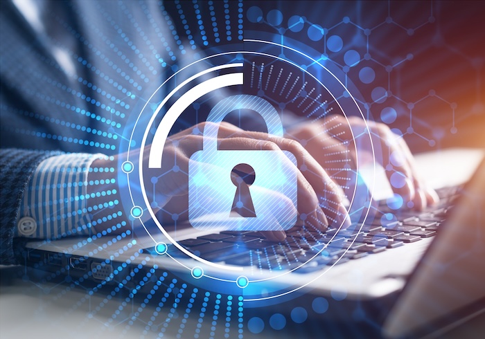 Digital cybersecurity and network protection concept. Virtual locking mechanism to access shared resources. Interactive virtual control screen with padlock. Businessman working at laptop on background