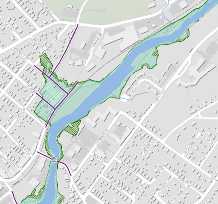 This screen shot of a segment of Beacon from the interactive map shows roads, in purple, that have a high risk of flooding. The light green areas would be at risk in a flood expected to occur once per century.