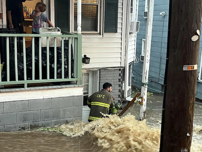 A Cold Spring Fire Co. volunteer fights the floodwaters on July 9, 2023. (File photo)