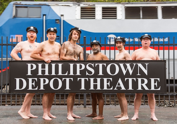 Cast members from The Full Monty feel the breeze of a passing train. From left: Jake McGuire, David Filipiak, Dante Nastasi, Randy Donaldson, Alex McCulley and Todd Smith Photo by Eric Aguayo