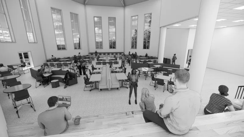 A rendering of the interior of the proposed high school student center