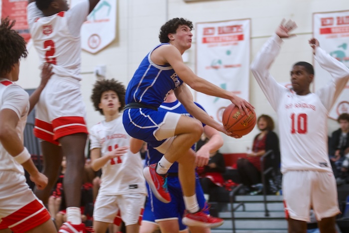 Zane Del Pozo drives to the basket for Haldane against Hamilton. (Photos by Skip Pearlman)