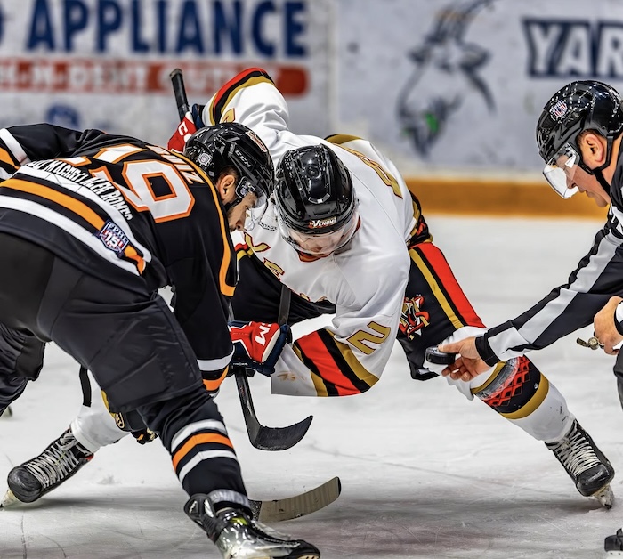 Dzianis Zaichyk (2) of Belarus takes a faceoff for the Venom. Photo provided
