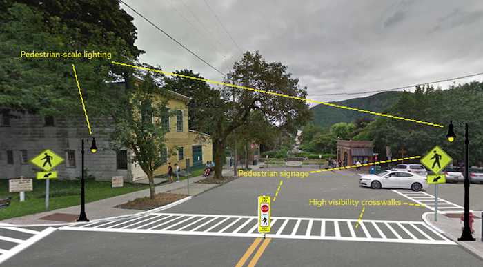 Planners recommend improvements at the foot of upper Main, such as a crosswalk and lighting.