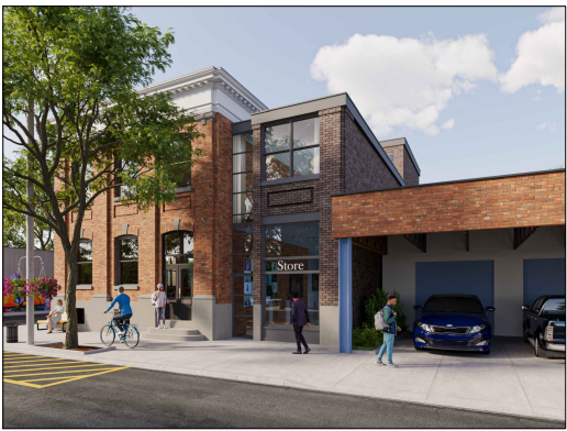 A rendering of the proposed addition (center) adjacent to the Telephone Building at 291 Main St.