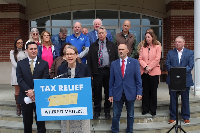 Cold Spring Mayor Kathleen Foley speaks during a news conference on Tuesday (April 15) outside Kent Town Hall. Photo by L. Sparks