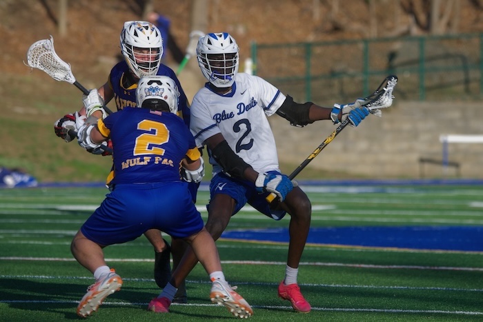 Fallou Faye, a Haldane senior shown here in a game against Mahopac, scored his 100th career goal on April 15 at Harrison. Photo by Skip Pearlman