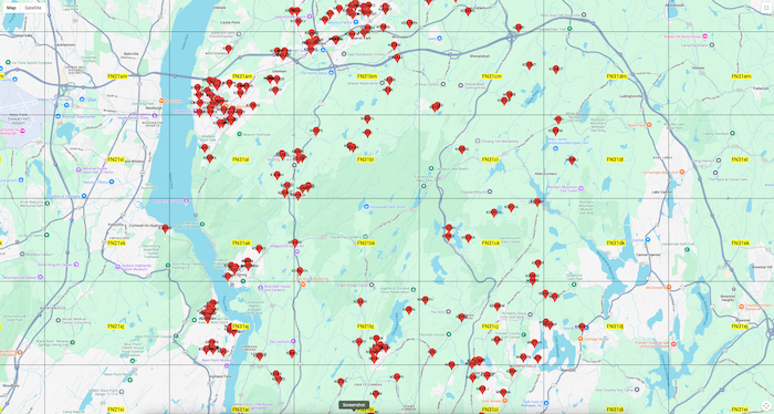 A map at haminfo.tetranz.com shows the locations of licensed ham radio operators.
