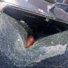 A falling object destroyed Christine Ortiz’s windshield. Photo by Michelle Kupper