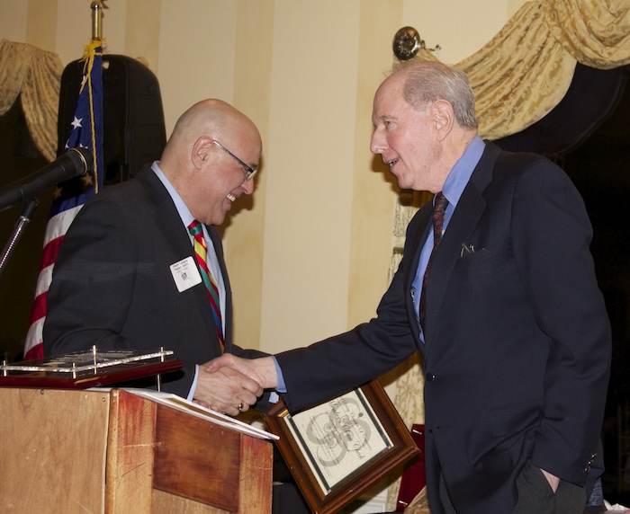 Highlands Current founder Gordon Stewart (right) receives in 2013 a Business Person of the Year Award from Vinny Tamagna, president of the Cold Spring Chamber of Commerce. (File photo)