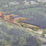 A rendering of the proposed complex shows the train station at lower right; the parking garage is the first structure and the residential complex north of that.